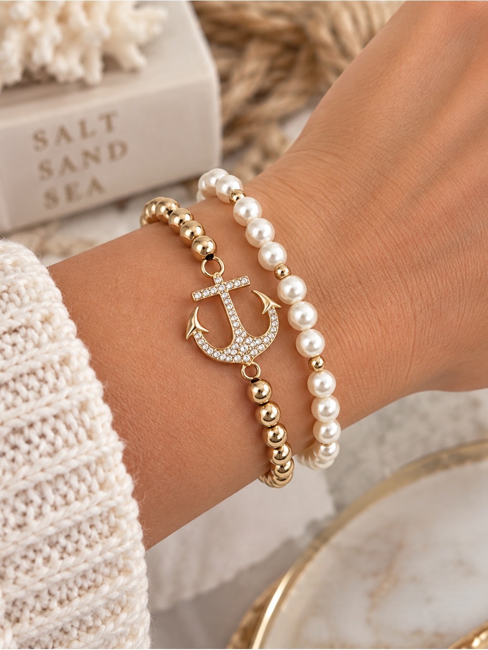 Nautical Anchor Pearl Bead Stretch Bracelet Set